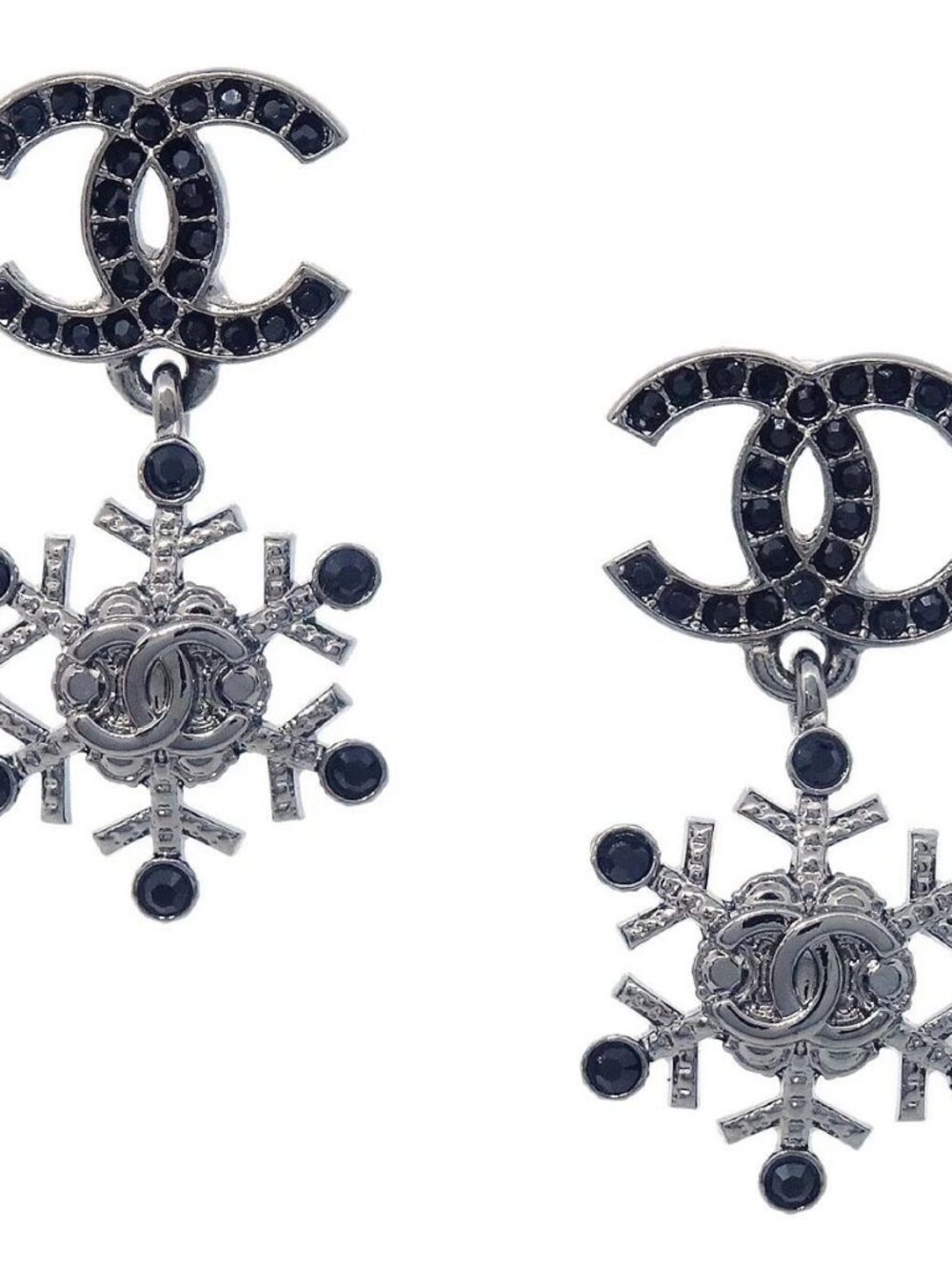 Chanel CC Snowflake Dangle Pierced Earrings Silver Rhinestone A19B 167743